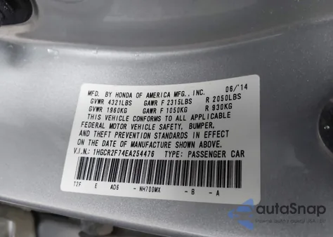 2014 Honda Accord Ex z USA, uszkodzony, nr VIN 1HGCR2F74EA254476